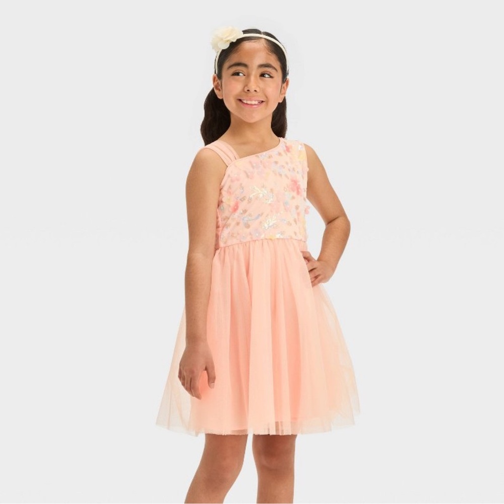 Cat & Jack Girls' One-Shoulder Sequin Dress - Blush Peach Orange, S (6/7)